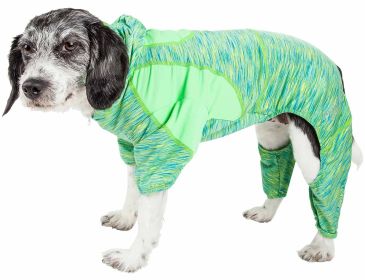 Pet Life Active 'Downward Dog' Heathered Performance 4-Way Stretch Two-Toned Full Body Warm Up Hoodie (Color: Green, size: X-Large)